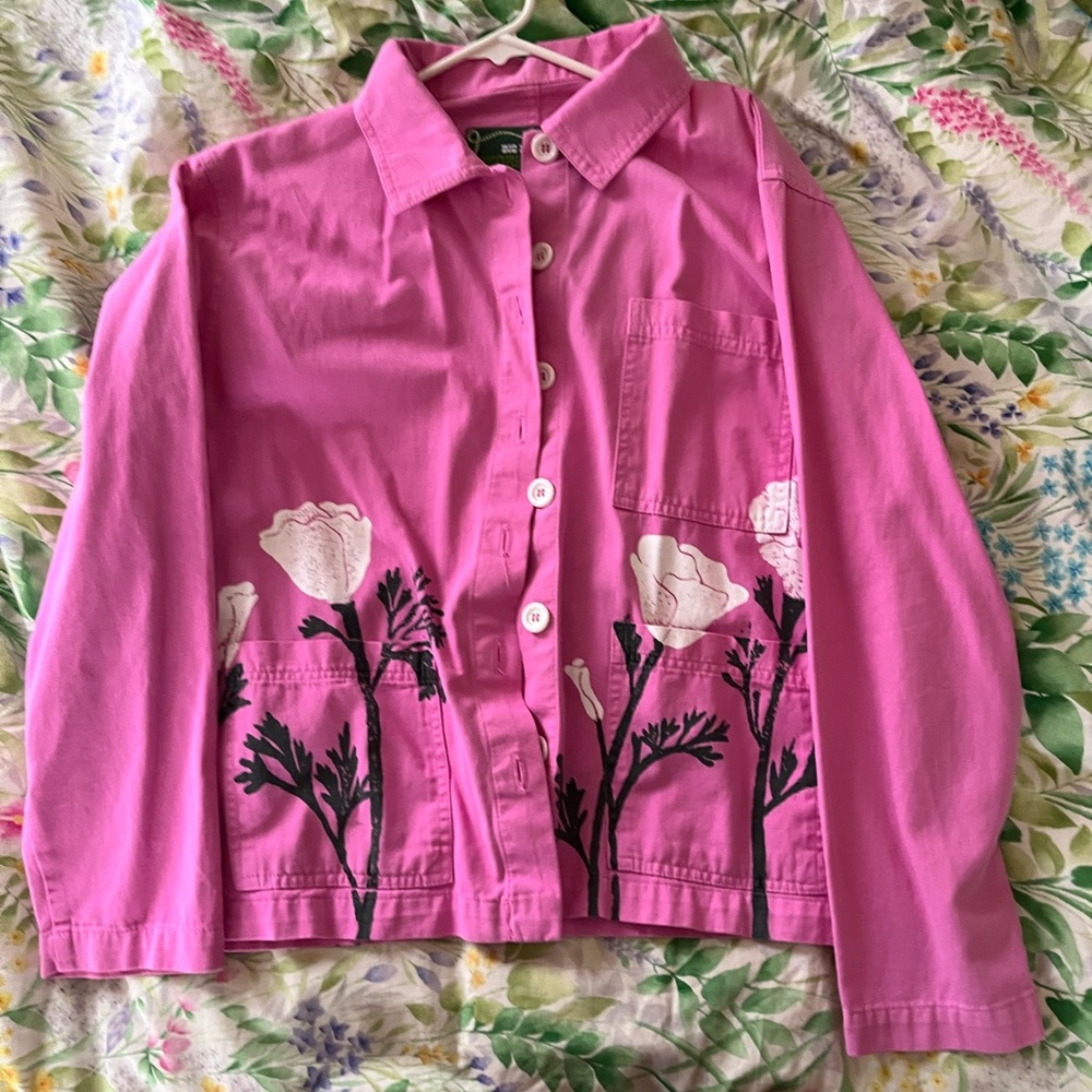 Big Bud Press work jacket, pink, poppies, size small